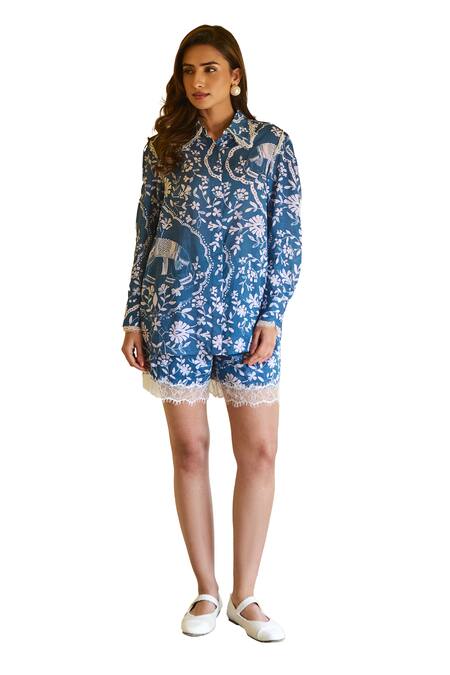 Buy_Sage Saga_Blue Modal Embroidery, Lace Collared Ireen Floral Print Shirt And Shorts Set _Online_at_Aza_Fashions
