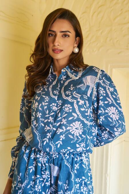 Shop_Sage Saga_Blue Modal Embroidery, Lace Collared Ireen Floral Print Shirt And Shorts Set 