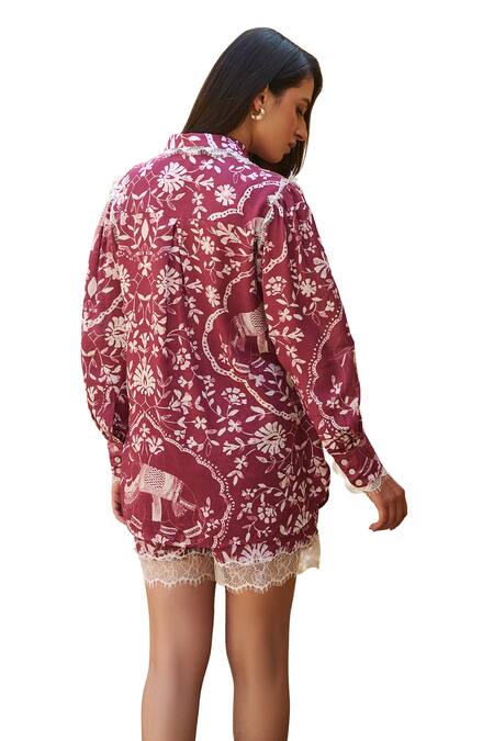 Sage Saga_Maroon Modal Embroidery, Lace Collared Rosetta Elephant Print Shirt And Shorts Set _Online_at_Aza_Fashions