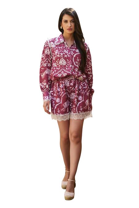Shop_Sage Saga_Maroon Modal Embroidery, Lace Collared Rosetta Elephant Print Shirt And Shorts Set _Online_at_Aza_Fashions