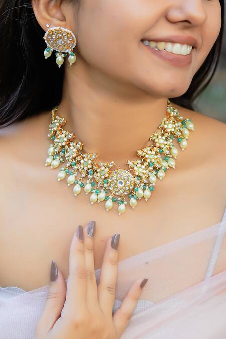 Buy_Riana Jewellery_Green Beads, Rhinestones, Pearls Rice Embellished Choker Necklace Set _Online_at_Aza_Fashions