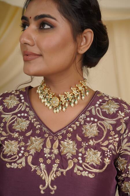 Shop_Riana Jewellery_Green Beads, Rhinestones, Pearls Rice Embellished Choker Necklace Set _Online_at_Aza_Fashions