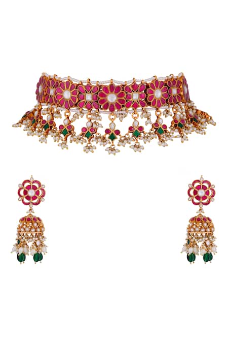 Riana Jewellery Pink Diamonds, Stones Ruby Embellished Choker Necklace Set 