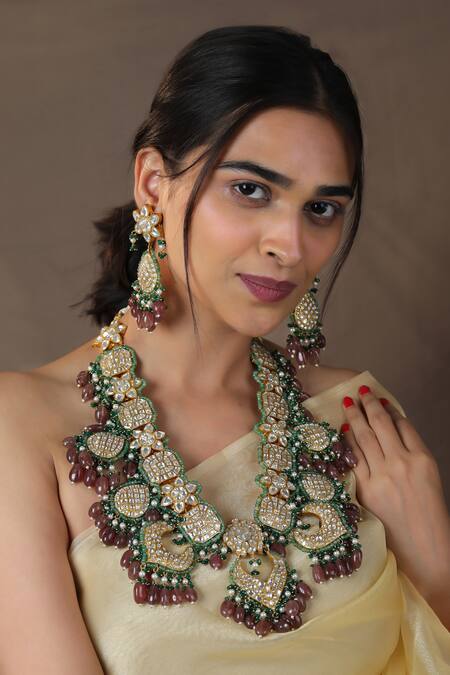 Riana Jewellery Pink Beads Kundan Embellished Long Pendant Necklace Set
