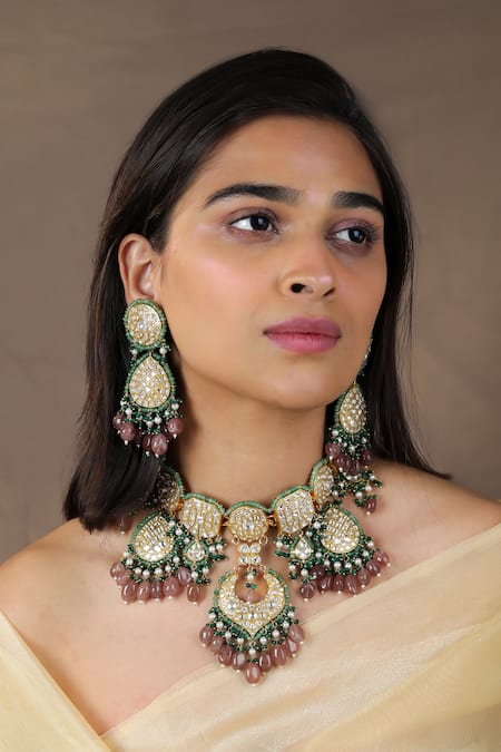 Riana Jewellery Pink Embroidery, Stones Jadtar Embellished Pendant Choker Necklace Set