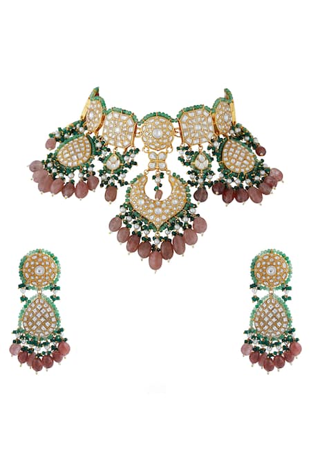 Shop_Riana Jewellery_Pink Embroidery, Stones Jadtar Embellished Pendant Choker Necklace Set _at_Aza_Fashions