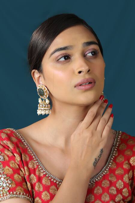 Buy_Riana Jewellery_Green Mirrors, Stones Mozanite Embellished Choker Necklace Set _Online_at_Aza_Fashions