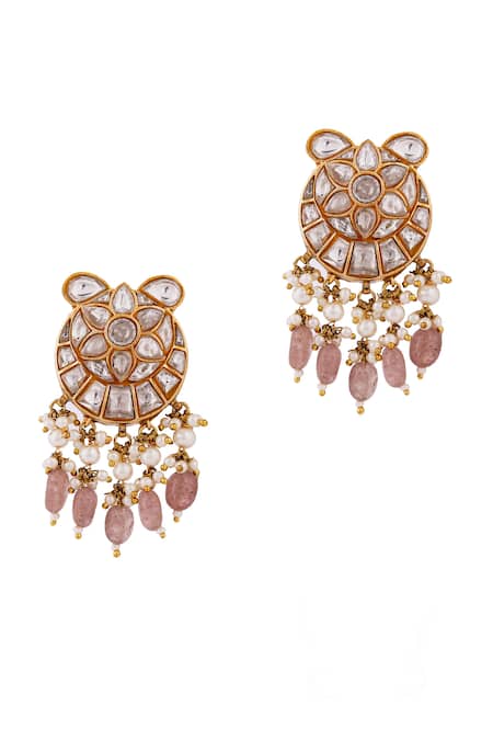 Shop Riana Jewellery Pink Beads, Diamonds Kundan Embellished Dangler Earrings at Aza Fashions Shop_Riana Jewellery_Pink Beads, Diamonds Kundan Embellished Dangler Earrings _at_Aza_Fashions