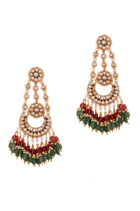 Shop Riana Jewellery Green Beads Embellished Long Chandbali Earrings at Aza Fashions Shop_Riana Jewellery_Green Beads Embellished Long Chandbali Earrings _at_Aza_Fashions