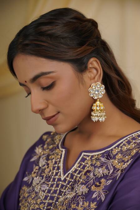 Riana Jewellery_White Pearls, Gota Patti Embellished Jhumka Earrings _Online_at_Aza_Fashions
