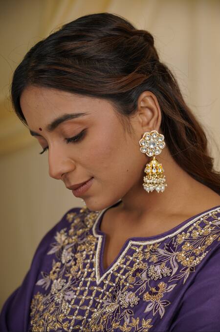 Buy_Riana Jewellery_White Pearls, Gota Patti Embellished Jhumka Earrings _Online_at_Aza_Fashions