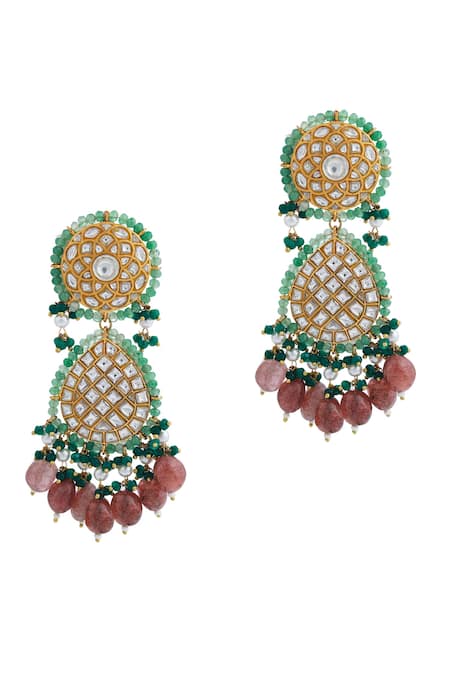 Shop Riana Jewellery Pink Pearls, Beads, Stones Flora Jaal Embellished Danglers at Aza Fashions Shop_Riana Jewellery_Pink Pearls, Beads, Stones Flora Jaal Embellished Danglers _at_Aza_Fashions