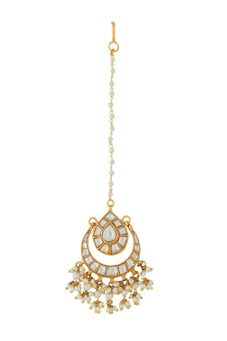 Shop_Riana Jewellery_White Chand Bahar Stone Embellished Maangtikka _at_Aza_Fashions