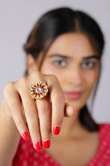 Riana Jewellery Pink Stone Floral Embellished Jadau Ring