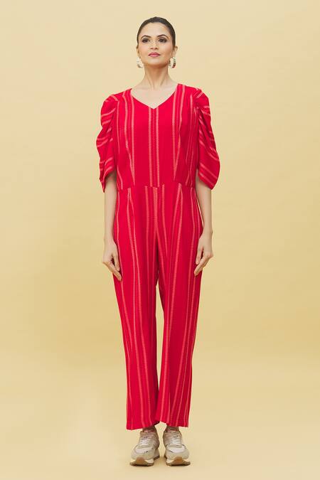 Samyukta Singhania Red Cotton V-neck Stripe Pattern Jumpsuit at Aza Fashions Samyukta Singhania_Red Cotton V-neck Stripe Pattern Jumpsuit_at_Aza_Fashions