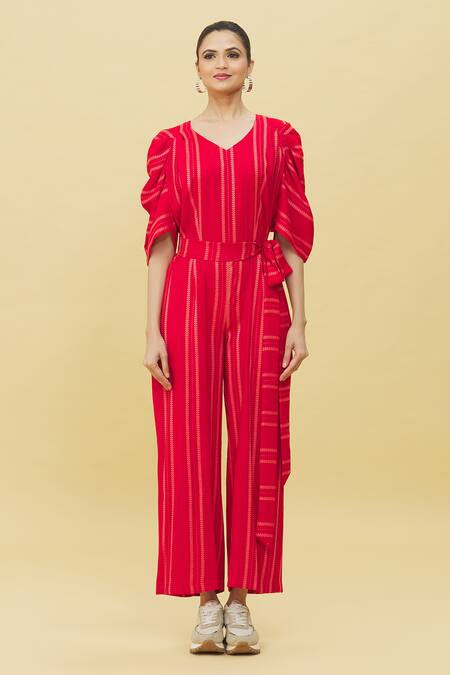 Samyukta Singhania Red Cotton V-neck Stripe Pattern Jumpsuit Online at Aza Fashions Samyukta Singhania_Red Cotton V-neck Stripe Pattern Jumpsuit_Online_at_Aza_Fashions