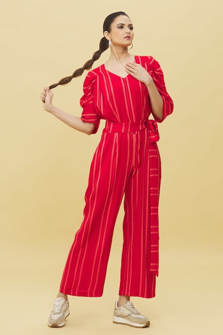 Buy Samyukta Singhania Red Cotton V-neck Stripe Pattern Jumpsuit Online at Aza Fashions Buy_Samyukta Singhania_Red Cotton V-neck Stripe Pattern Jumpsuit_Online_at_Aza_Fashions