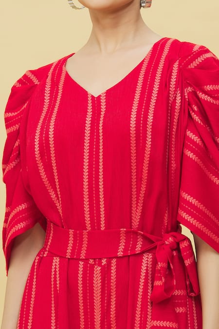 Shop Samyukta Singhania Red Cotton V-neck Stripe Pattern Jumpsuit Online at Aza Fashions Shop_Samyukta Singhania_Red Cotton V-neck Stripe Pattern Jumpsuit_Online_at_Aza_Fashions