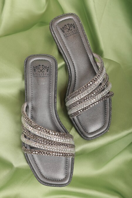 Stilista Silver Embellished Crystal Strap Flats