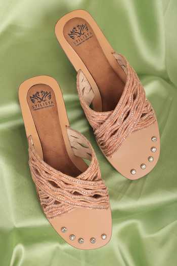 Stilista_Orange Embellished Criss Cross Strap Flats_at_Aza_Fashions