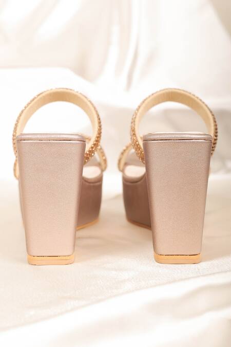 Stilista_Gold Embellished Parallel Strap Wedges_Online_at_Aza_Fashions