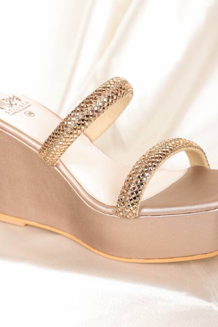 Buy_Stilista_Gold Embellished Parallel Strap Wedges_Online_at_Aza_Fashions
