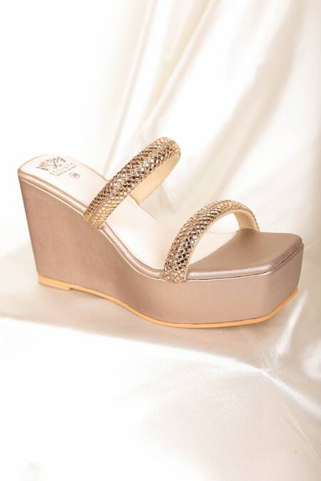 Shop_Stilista_Gold Embellished Parallel Strap Wedges_Online_at_Aza_Fashions