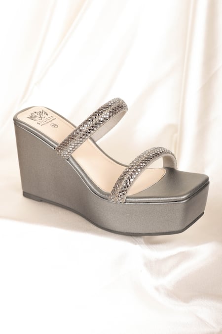 Stilista_Grey Embellished Crystal Parallel Strap Wedges_Online_at_Aza_Fashions