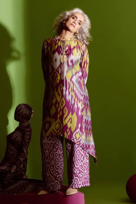 Saundh Purple Kurta And Palazzo Muslin Silk Printed Ikat Round & Set