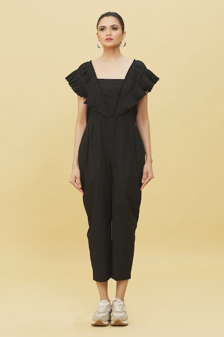 Naintara Bajaj Black Poplin Square Neck Pleated Overlay Jumpsuit Online at Aza Fashions Naintara Bajaj_Black Poplin Square Neck Pleated Overlay Jumpsuit _Online_at_Aza_Fashions