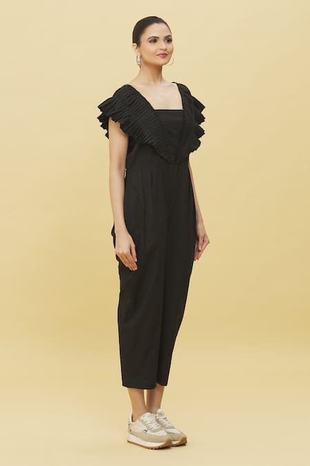Buy Naintara Bajaj Black Poplin Square Neck Pleated Overlay Jumpsuit Online at Aza Fashions Buy_Naintara Bajaj_Black Poplin Square Neck Pleated Overlay Jumpsuit _Online_at_Aza_Fashions