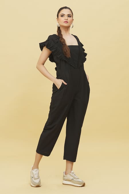 Shop Naintara Bajaj Black Poplin Square Neck Pleated Overlay Jumpsuit Online at Aza Fashions Shop_Naintara Bajaj_Black Poplin Square Neck Pleated Overlay Jumpsuit _Online_at_Aza_Fashions
