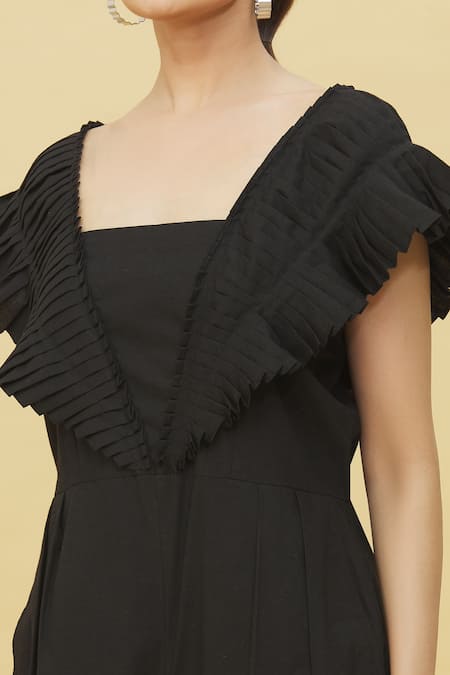Naintara Bajaj Black Poplin Square Neck Pleated Overlay Jumpsuit at Aza Fashions Naintara Bajaj_Black Poplin Square Neck Pleated Overlay Jumpsuit _at_Aza_Fashions