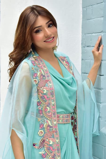 Amethyst_Green Chiffon Embroidery Cowl Neck Thread Hand Gown With Cape_Online_at_Aza_Fashions