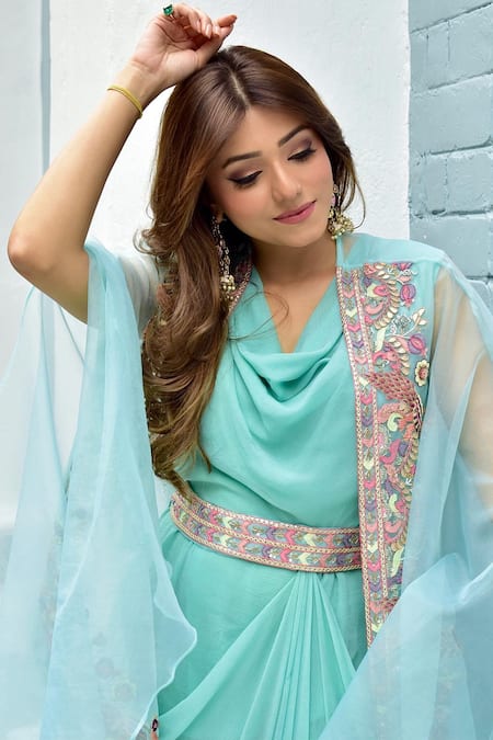 Buy_Amethyst_Green Chiffon Embroidery Cowl Neck Thread Hand Gown With Cape_Online_at_Aza_Fashions