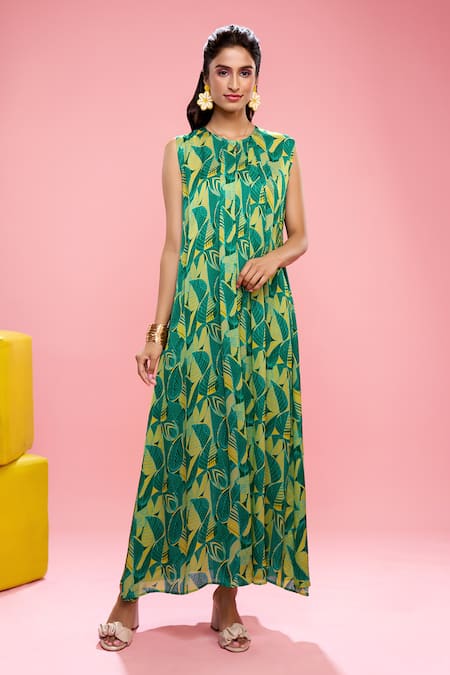 Buy_Siarra_Yellow Satin, Chiffon, Silk Round Neck Leaf Print Top And Pant Set _Online_at_Aza_Fashions
