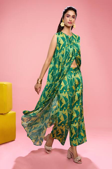Shop_Siarra_Yellow Satin, Chiffon, Silk Round Neck Leaf Print Top And Pant Set _Online_at_Aza_Fashions