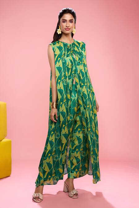 Siarra_Yellow Satin, Chiffon, Silk Round Neck Leaf Print Top And Pant Set _at_Aza_Fashions