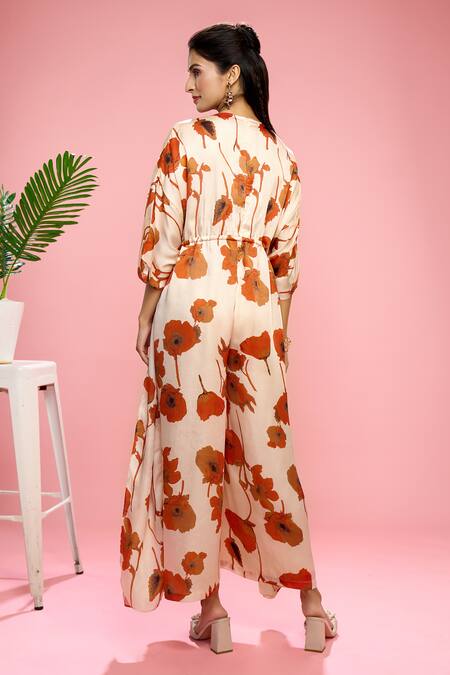 Siarra Ivory Satin, Cotton Button-down Neck Floral Print Kaftan Jumpsuit Online at Aza Fashions Siarra_Ivory Satin, Cotton Button-down Neck Floral Print Kaftan Jumpsuit _Online_at_Aza_Fashions