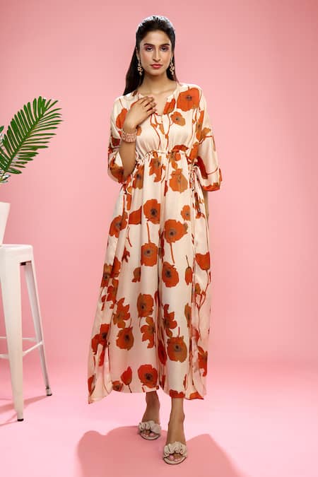 Shop Siarra Ivory Satin, Cotton Button-down Neck Floral Print Kaftan Jumpsuit Online at Aza Fashions Shop_Siarra_Ivory Satin, Cotton Button-down Neck Floral Print Kaftan Jumpsuit _Online_at_Aza_Fashions