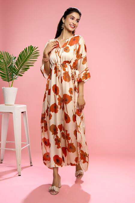 Siarra Ivory Satin, Cotton Button-down Neck Floral Print Kaftan Jumpsuit at Aza Fashions Siarra_Ivory Satin, Cotton Button-down Neck Floral Print Kaftan Jumpsuit _at_Aza_Fashions