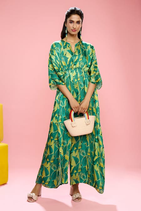 SIARRA Yellow Satin Cotton Printed Leaf Notched Kaftan Jumpsuit 