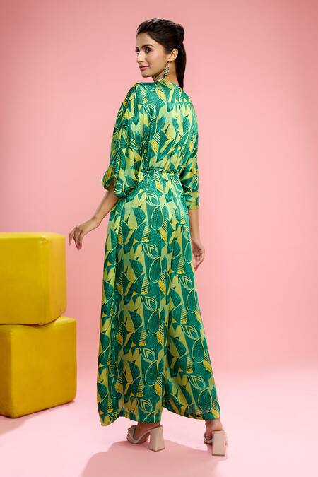 Siarra_Yellow Satin, Cotton Button-down Neck Leaf Print Kaftan Jumpsuit _Online_at_Aza_Fashions