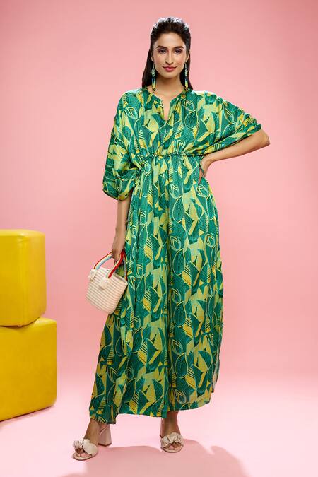 Buy_Siarra_Yellow Satin, Cotton Button-down Neck Leaf Print Kaftan Jumpsuit _Online_at_Aza_Fashions