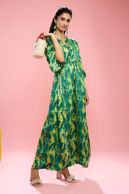 Shop_Siarra_Yellow Satin, Cotton Button-down Neck Leaf Print Kaftan Jumpsuit _Online_at_Aza_Fashions