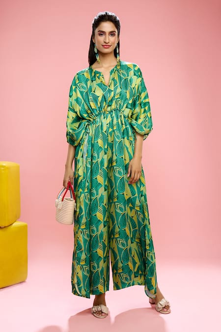 Siarra_Yellow Satin, Cotton Button-down Neck Leaf Print Kaftan Jumpsuit _at_Aza_Fashions