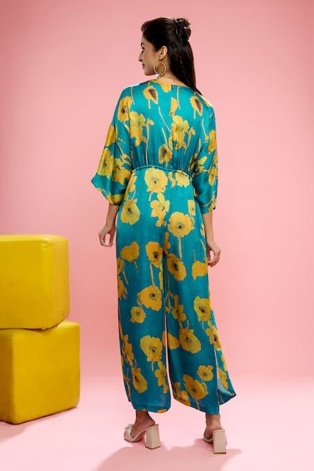 Siarra_Blue Satin, Cotton Floral Pattern Kaftan Jumpsuit _Online_at_Aza_Fashions