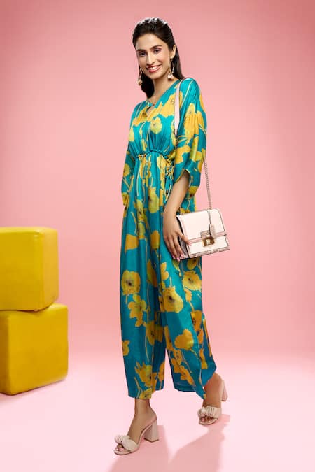 Buy_Siarra_Blue Satin, Cotton Floral Pattern Kaftan Jumpsuit _Online_at_Aza_Fashions
