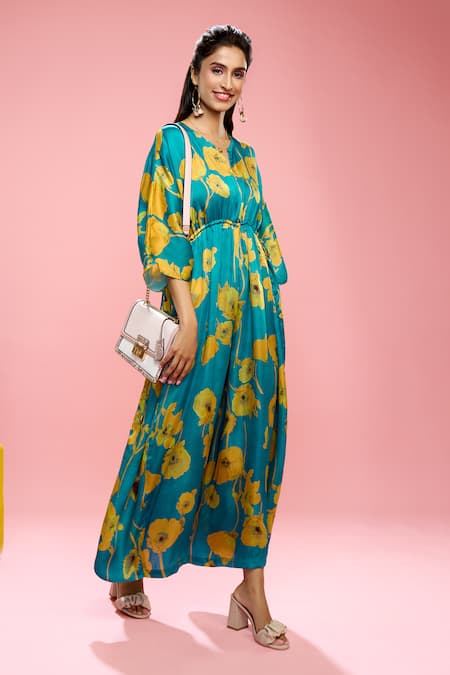 Shop_Siarra_Blue Satin, Cotton Floral Pattern Kaftan Jumpsuit _Online_at_Aza_Fashions