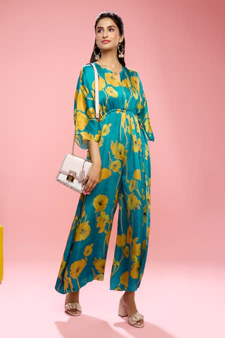 Siarra_Blue Satin, Cotton Floral Pattern Kaftan Jumpsuit _at_Aza_Fashions